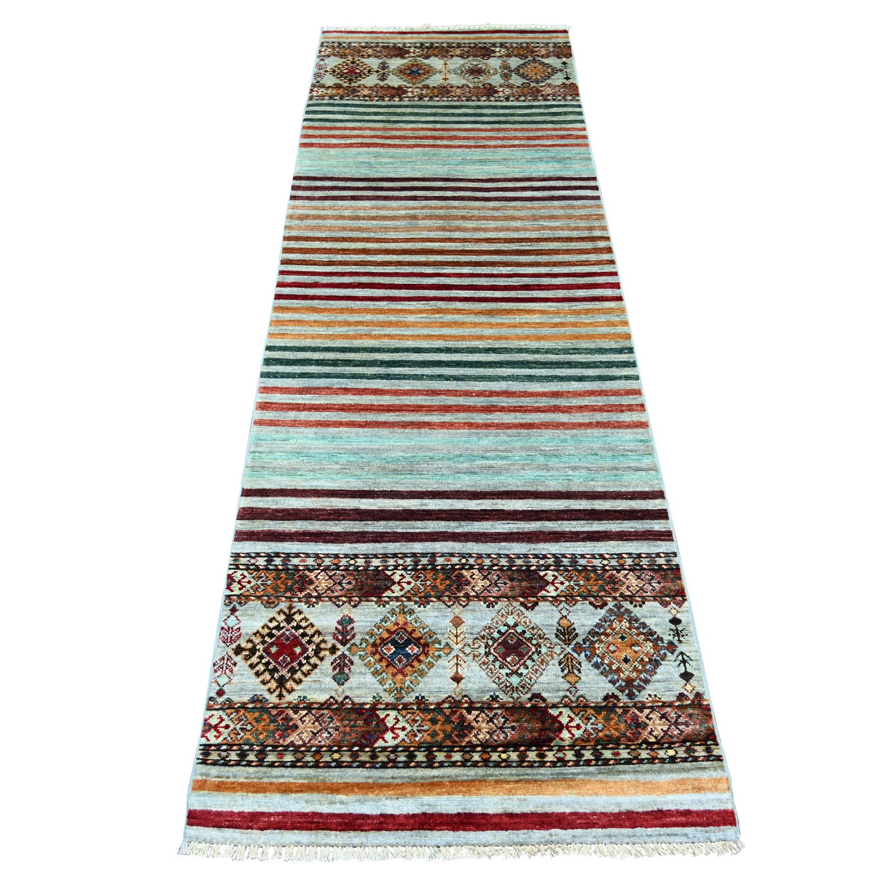 Spanish Gray, Afghan Super Kazak with Khorjin Design, Hand Knotted, Soft and Velvety Wool, Vegetable Dyes, Runner, Oriental Rug